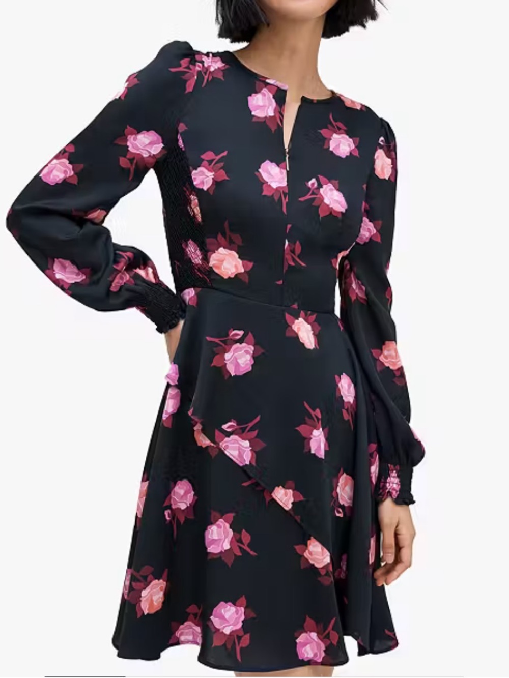 Kate Spade NY Rose Garden Smocked Satin dress black pink